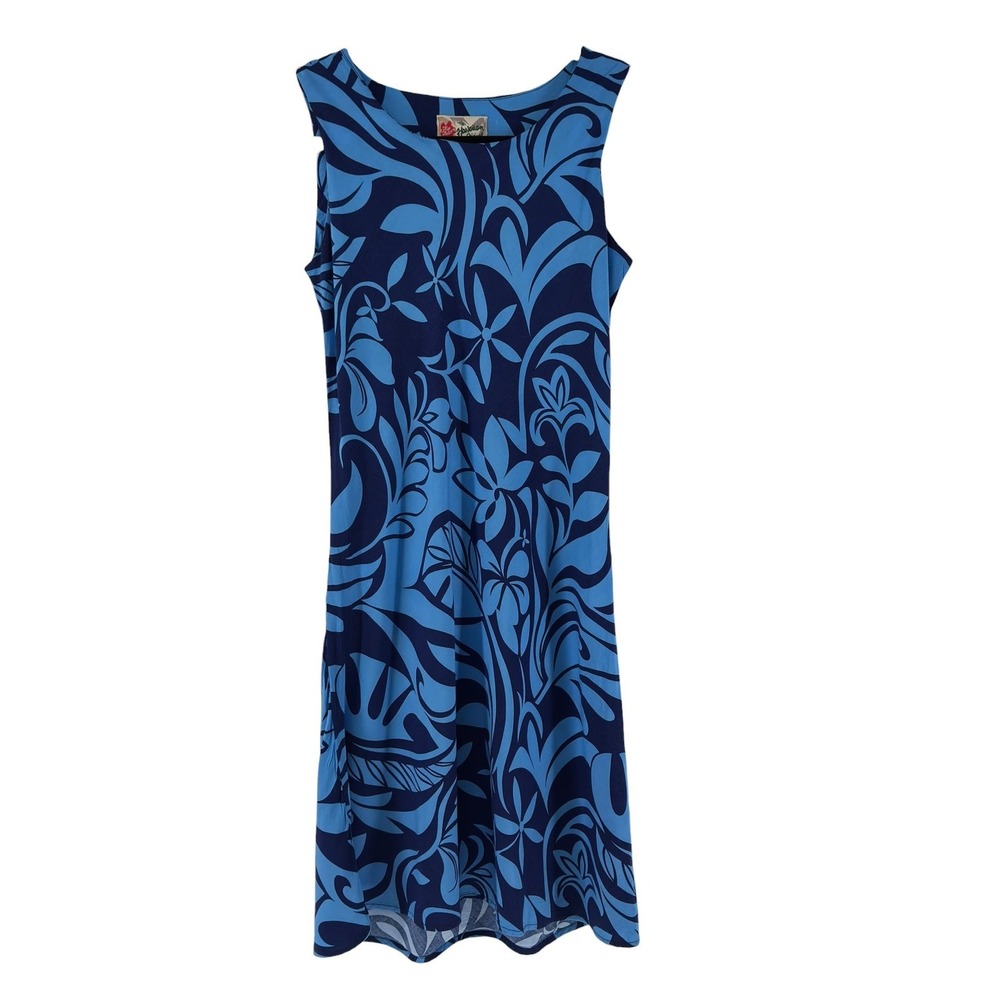Vintage‎ 90s Hilo Hattie Hawaiian Tropical Midi Dress XS Blue EUC